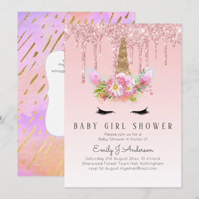 GLITTER UNICORN Baby GIRL Shower Pink Gold Invitation (Front/Back)