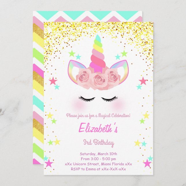 Glitter Unicorn birthday invitation (Front/Back)
