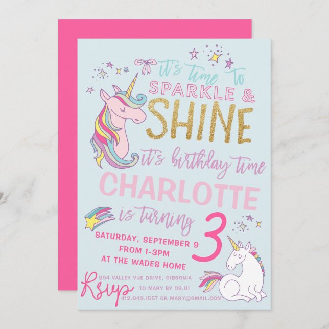 Glitter Unicorn Birthday Invitation (Front/Back)
