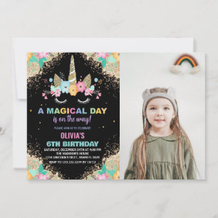 Glitter Unicorn Birthday Invitations with photo