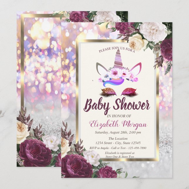 Glitter Unicorn,Burgundy Floral Baby Shower Invitation (Front/Back)