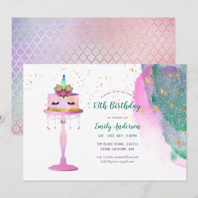 Glitter Unicorn Cake Pink Gold Foil 13th Birthday Invitation (Front/Back)