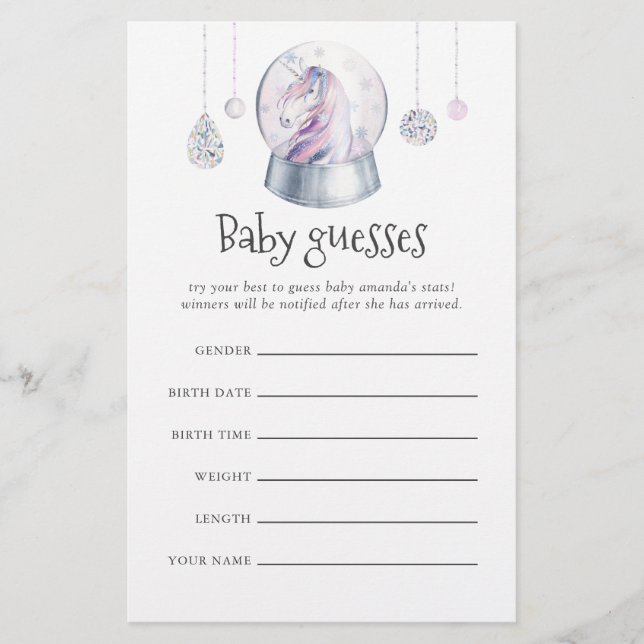 Glitter Unicorn Christmas Baby Shower Guesses (Front)