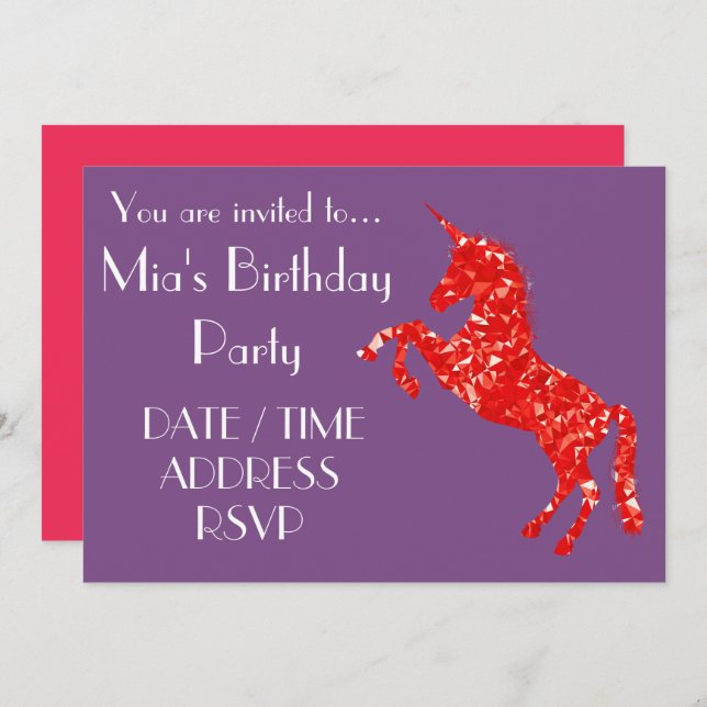 Glitter Unicorn colourful girl's birthday party Invitation (Front/Back)