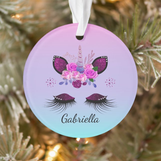 Glitter Unicorn Face With Eyelashes Personalised Ornament (Tree)