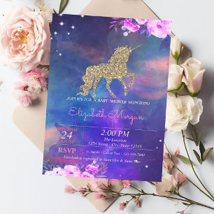 Glitter Unicorn Floral Watercolor Baby Shower Invitation