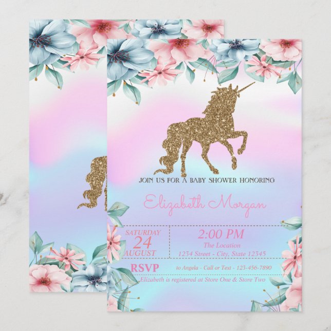 Glitter Unicorn Holographic Floral Baby Shower Invitation (Front/Back)