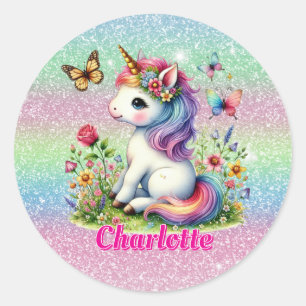 Glitter unicorn meadow wildflowers  classic round sticker