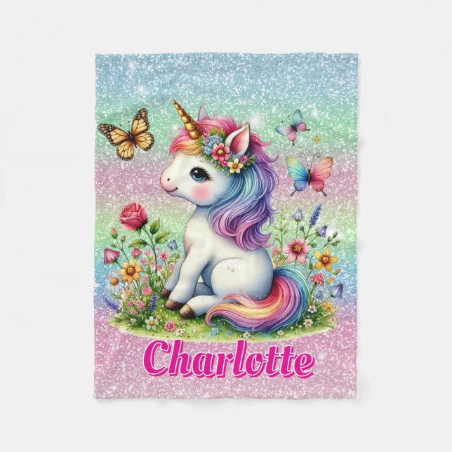 Glitter unicorn meadow wildflowers  fleece blanket (Front)