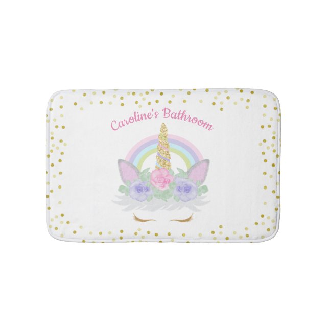 Glitter Unicorn Pink & Gold Rainbow Girl's Bath Mat (Front)