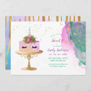 Glitter Unicorn Pink Gold Sweet 16 Trendy Girls Invitation