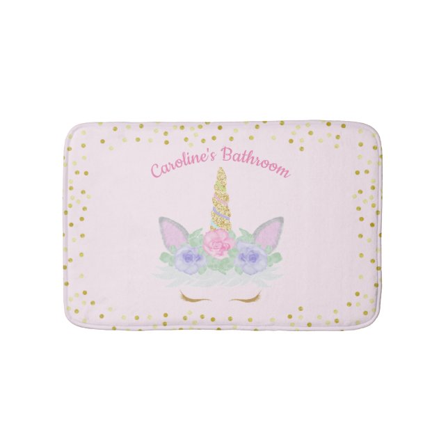 Glitter Unicorn Pink Purple Gold Floral Girl's Bath Mat (Front)