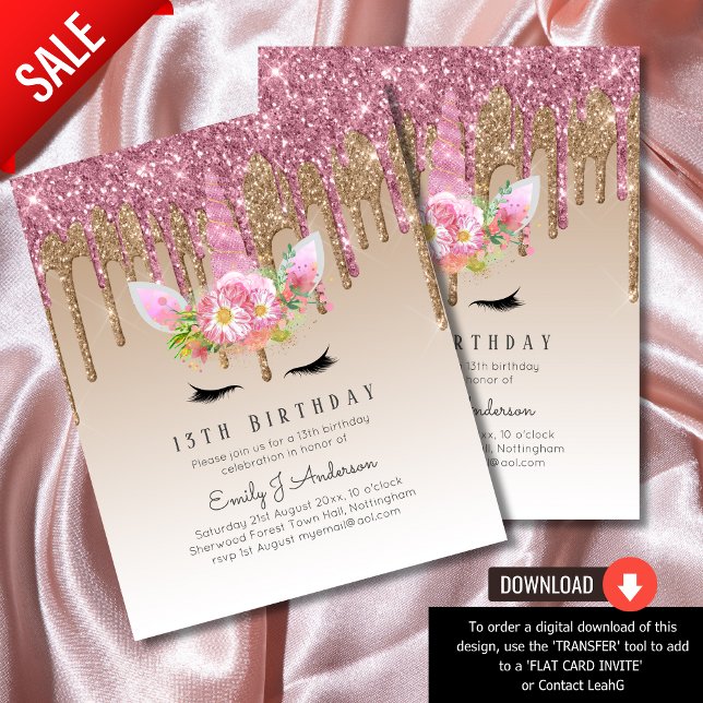 Glitter Unicorn Rose Gold Pink Dripping 13th Bday  (Creator Uploaded)