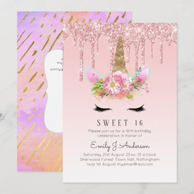 Glitter Unicorn Sweet 16 Pink Gold 16th Girls Bday Invitation (Front/Back)