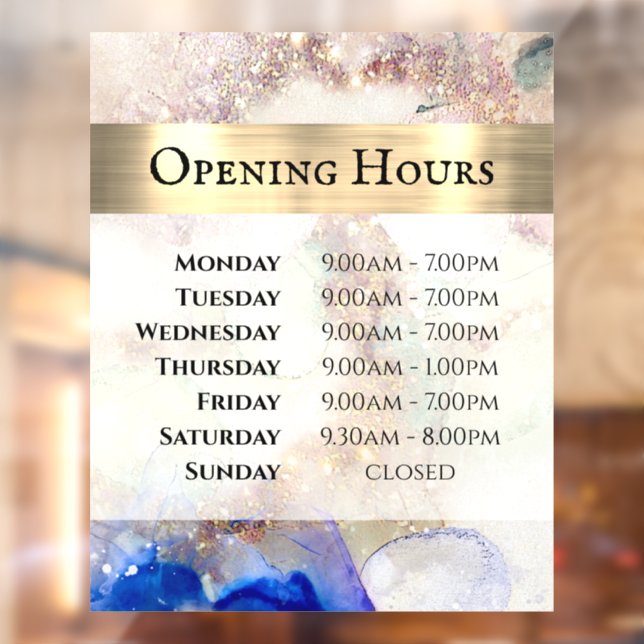 Glitter Watercolor Foil Opening Hours Window Cling (Sheet 2)