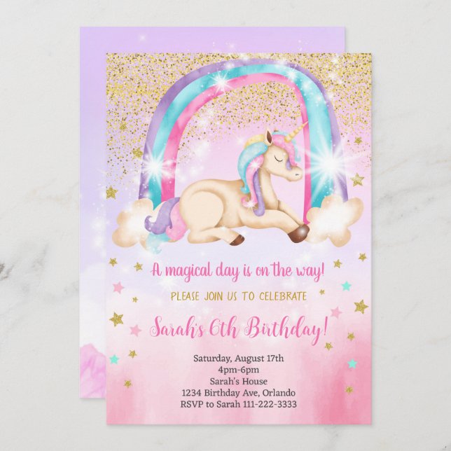 Glitter Watercolor Unicorn Birthday Invitation (Front/Back)