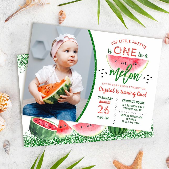 Glitter Watermelon 1st Birthday Photo Invitation (Creator Uploaded)
