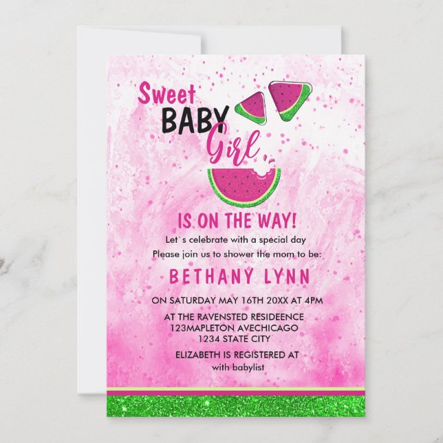 Glitter Watermelon Girl Baby Shower Invitation (Front)