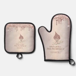 Glitter Whisk Rose Gold Glitter Drips Bakery    Oven Mitt & Pot Holder Set