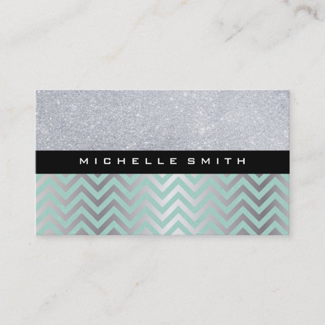 Glitter with Green Silver Chevron Pattern Business Card (Front)