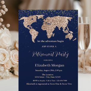 Glitter World Map Confetti Navy Blue Retirement Invitation