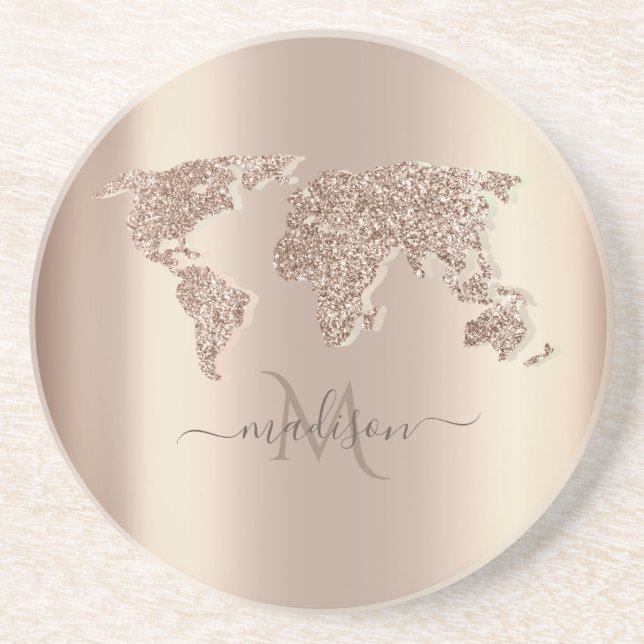 Glitter World Map Travel Monogram     Coaster (Front)