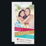 Glitter Zig Zag Peace Love Cheer Photo Holiday Card<br><div class="desc">Glitter Zig Zag Holiday Photo Card / Red Aqua by Orabella Prints. Contains a zig-zag design in gold glitter, red, and aqua, with the words "Peace, Love, & Cheer" under a size 8x10 photo. Cream/Ivory coloured background. Please replace the design image with a photo of your own before purchasing. Please...</div>