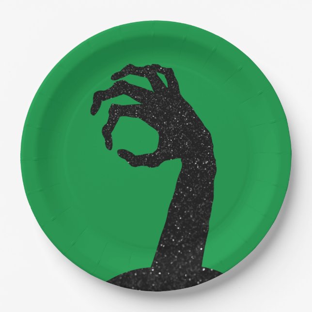 Glitter Zombie Hand Halloween Paper Plate (Front)