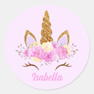Glittered Floral Unicorn Face Personalised Name  Classic Round Sticker
