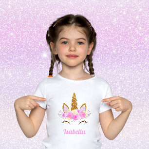 Glittered Floral Unicorn Face Personalised Name  T-Shirt