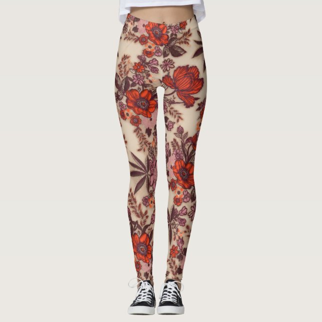 Glittered Orange Floral Embroidery Pattern on Crea Leggings (Front)