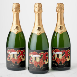 Glittering 2026 New Year Design with Santa Hat Sparkling Wine Label