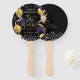 Glittering Balloons 50th Birthday Black Hand Fan