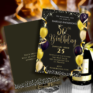 Glittering Balloons 50th Birthday Invitation Black