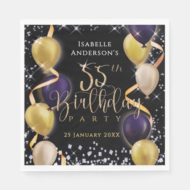 Glittering Balloons 55th Birthday Black Napkin (Front)