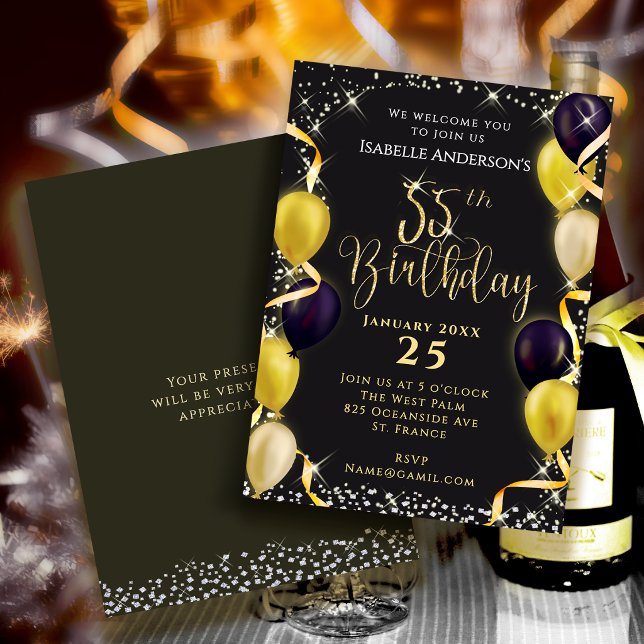 Glittering Balloons 55th Birthday Invitation Black (Glittering Balloons 55th Birthday Invitation Black)