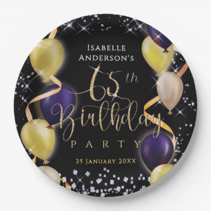 Glittering Balloons 65th Birthday Black Paper Plate