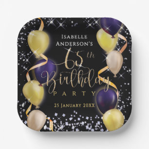 Glittering Balloons 65th Birthday Black Paper Plate