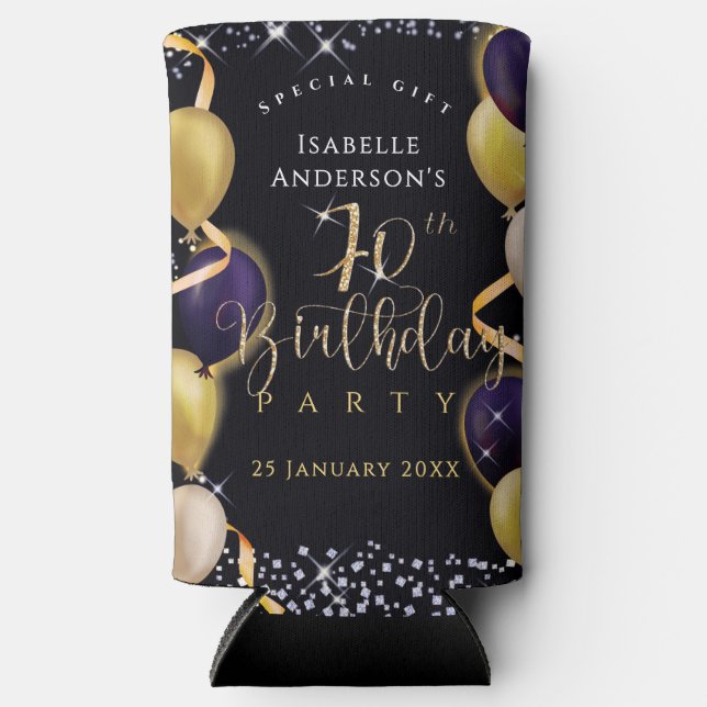 Glittering Balloons 70th Birthday Black Seltzer Can Cooler (Front)