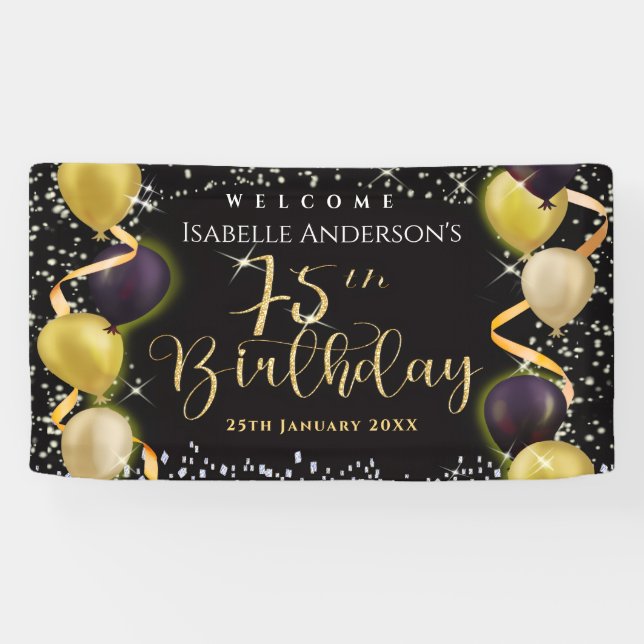Glittering Balloons 75th Birthday Black Banner (Horizontal)