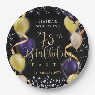 Glittering Balloons 75th Birthday Black Paper Plate