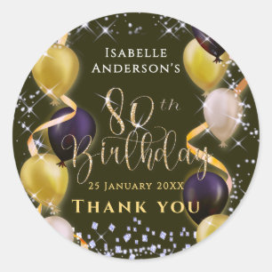 Glittering Balloons 80th Birthday Black Classic Round Sticker