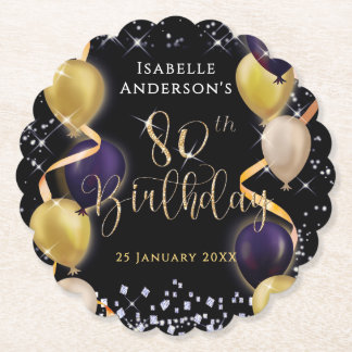 Glittering Balloons 80th Birthday Black Paper Coaster