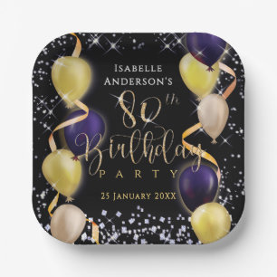Glittering Balloons 80th Birthday Black Paper Plate