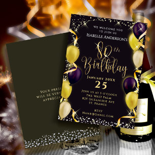Glittering Balloons 80th Birthday Invitation Black