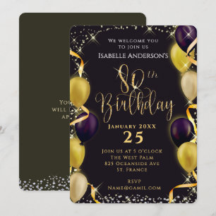 Glittering Balloons 80th Birthday Invitation Black