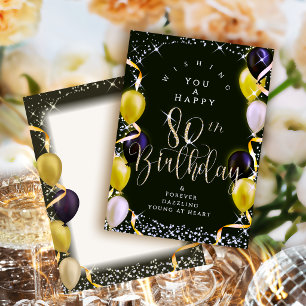 Glittering Balloons 80th Happy Birthday Black Card