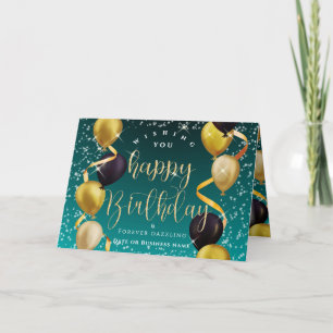 Glittering Balloons Business Birthday Teal Card