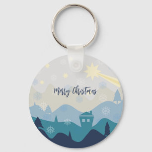 Glittering Blue Background with Christmas Tree Key Ring