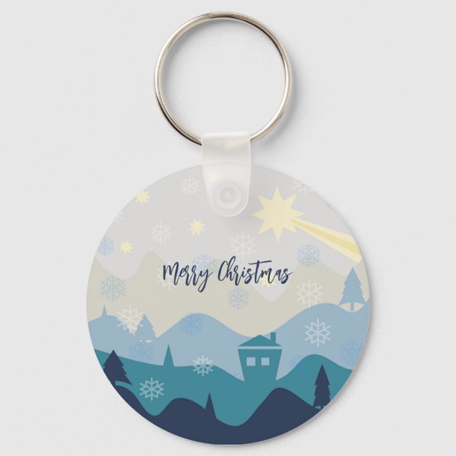 Glittering Blue Background with Christmas Tree Key Ring (Front)